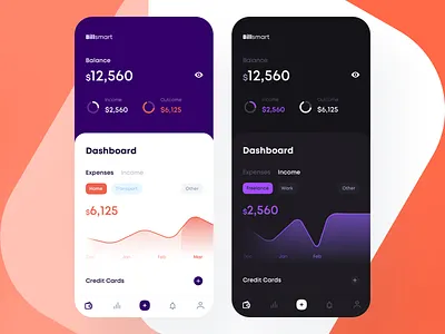 Billsmart Home Screen — Light and Dark Theme Exploration android app apps balance banking bill bills budget credit card expenses fintech fintech app goals income ios money pay saving send smart