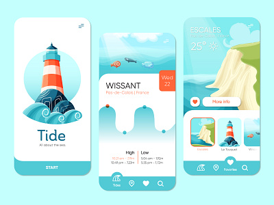 Tide - Mobile App app app design branding design graphic design illustration landscape lighthouse mobile app mobile app design mobile ui sea tide ui ui design visual design weather