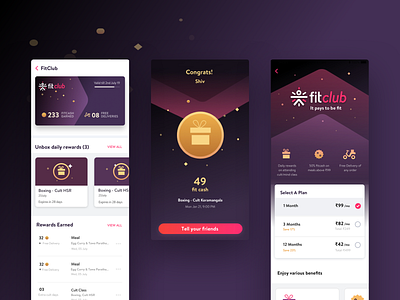 Fitclub | Screens | Internship at Cure.fit 2019 android app cards design fitclub rewards ui ux