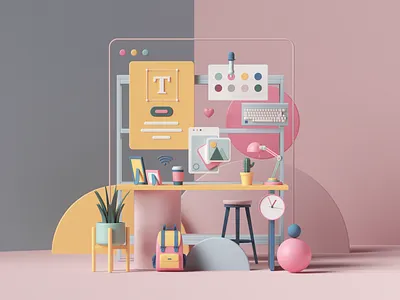 Workspace 3d abstract adobe c4d cgi cinema4d colors design designer desk geometric illustration petertarka render space typography ui uiux web workspace