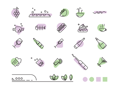 Menu Icons - Minimalism adobe clean design fish geometric grapes green iconography icons icons set illustrator lavender leaves meat menu purple salad simple wine wine bottle