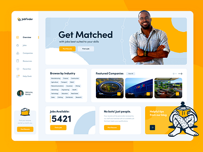 Job Finder User Dashboard UI Design application branding dashboard employment excitement friendly hunt job job application job board job listing jobs jobseeker panel search ui uidesign userinterface webapp yellow