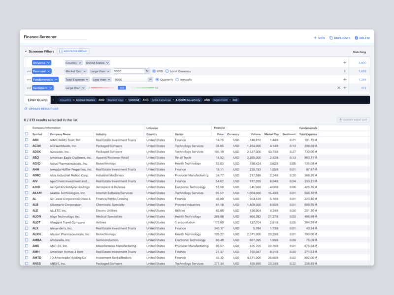 Stock Screening with Advanced Filters and Boolean Logic data design filter finance app finance terminal fintech form design interaction design product design prototyping query ui ux