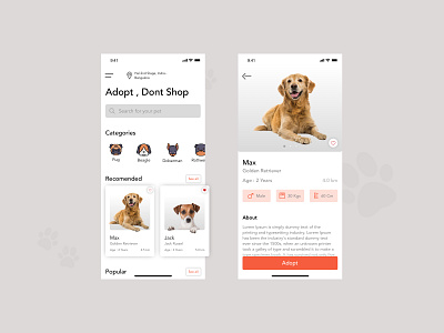 Pet adoption app adoption categories concept design dogs ecommerce ios minimal mobile app pet sketch ui ux ui