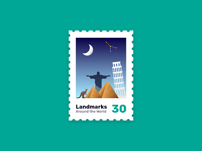 World Landmarks Stamp australia card christ earth flat gradient illustrator kangaroo landmark mail modern paper pisa tower post pyramids simple stamp design stamps teal world