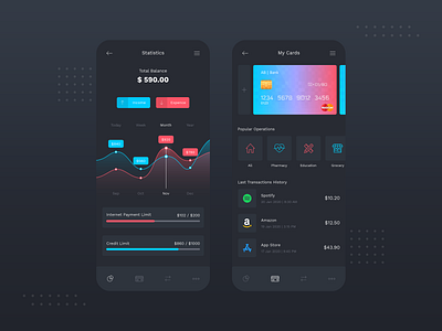 Banking App Dark Mode UI app concept app design app designer app development bank card banking app dark mode dark ui design finance app money transfer send money statistic transactions ui