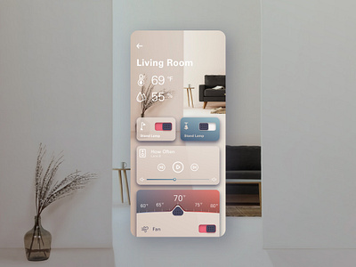 Smart Home Controls (Design Challenge #10) app daily challange daily ui flat layout light media media player smarthome thermostat ui