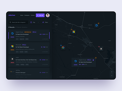 Find Job Web App - Dark Theme clean dark app dark blue dark mode dark theme dark ui dashboard dashboard app dashboard design dashboard template dashboard ui list list view ui web app web design