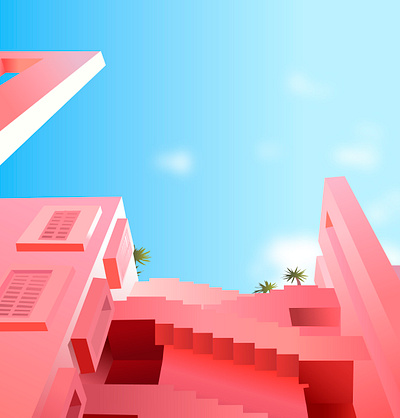 pink blend blue bulding dribbble green illustration ombre palms pink red sky stairs