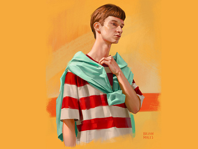 Dude digital painting fashion haircut hoodie man nerd photoshop portrait portrait illustration red stripes short hair skin striped tshirt yellow background