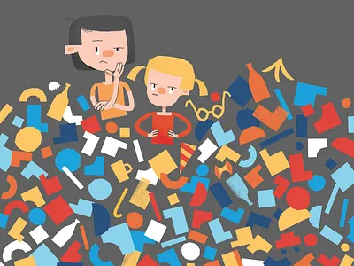 What to do with that hill of trash? boy character children climate garbage geometric girl global warming illustration minimal trash warming