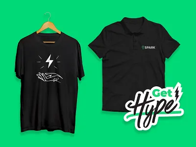 Spark Company Swag apparel apparel design bold bolt branding branding design green hype light bulb lightening bolt polo shirt script shirt sticker swag tshirt design