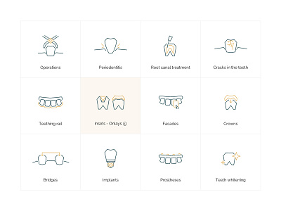 Service icons for a dental clinic beige blue branding dental dentist design health icon iconography icons iconset illustration service sketch vector yellow