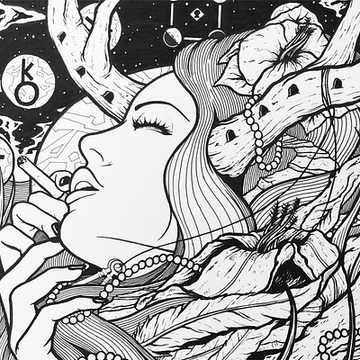 Hornhead antlers black and white drawing face illustration ink linework surreal