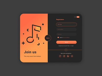 Registration form black dark theme dark ui design figma login form music note orange registration form signup ui web design