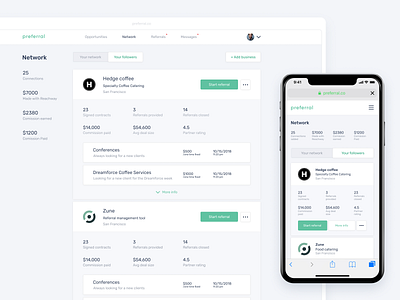 Preferral company info clean clean ui contact iphone light mobile product referral responsive saas saas design startup ui web app webdesign