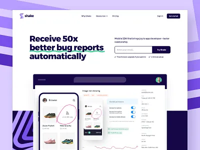 Shake - Website app branding bug colors design development front end identity logo product reporting style guide typography ui user experience user interface ux web website