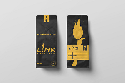 Link Espresso branding branding design charcoal coffee crema fake fire flame gold packaging torch yellow