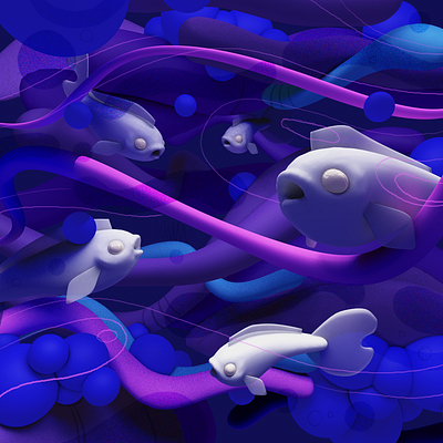 Ghost Guppies! - Creative process video linked in description. 3d character design 3d illustration c4d character cinema 4d digital illustrator diligence fish guppies illustration purple rendering stuart wade