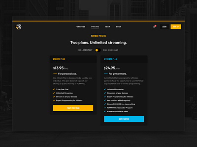 Romwod: Pricing Page Design annual app comparison conversion crossfit dark landing page marketing pricing san diego website yearly
