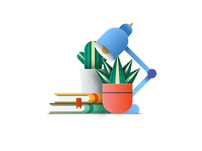 Paper Spot Illustration 1 of 5 books cactus desktop illustration lamp light paper shadows