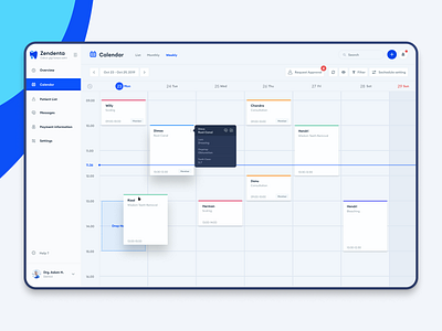 Zendenta - Calendar view appointment booking calendar crm dashboard dentist doctor erp management schedule system treatment ui ux webdesign