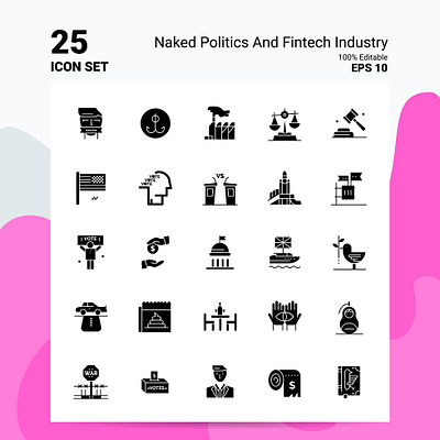 Naked Politics and Fintech Industry Solid Icon set