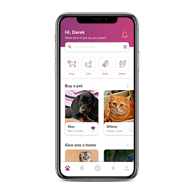 Pet Adoption App: Homescreen adobe adobe photoshop adobe xd app design design challenge ecommerce product design ui ui design ux vector