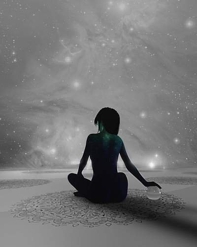 Dialogue With the Stars calm calming cosmos galaxy girl illustration lights meditation nebula night peaceful people sky space star stars woman