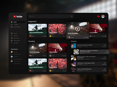 Youtube Redesign Concept black dark theme dark ui google homepage music app night night mode redesign redesign concept social app social network trendy web design website youtube