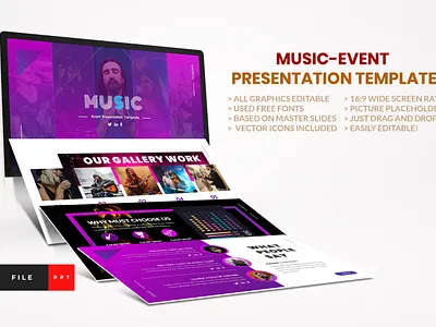 Music - Event PowerPoint Template artistic audio band bass classical company presentations company profile composition concept concert course creative festival guitar layout design music organizer music planner