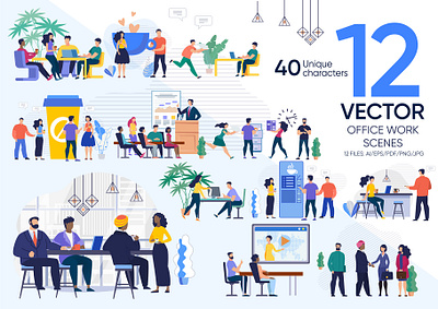 Office Work Vector Scenes background boss business collaboration corporate desk employee illustration job meeting office people person presentation professional team vector woman work worker