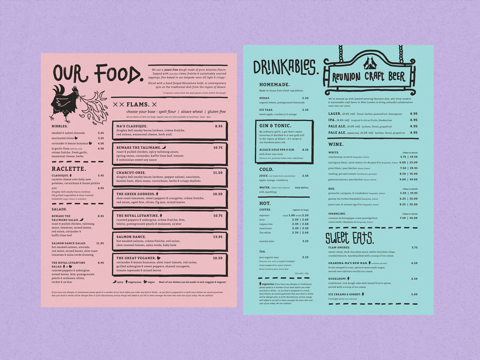 Flamboree! Food & Drink Menus 2d animal blue brand identity branding design drink food gif hand lettering illustration layout lettering menu pattern pink print restaurant type typography