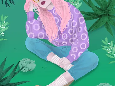 pinklady color design finnish girl girly green illustraion illustrator ipadpro lady nature pink plants procreate woman