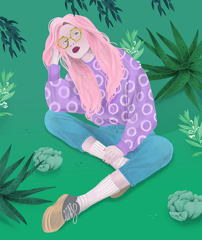 pinklady color design finnish girl girly green illustraion illustrator ipadpro lady nature pink plants procreate woman