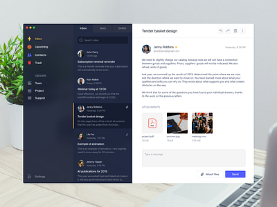 Email app – Dark theme app contacts daily ui fluent inbox interface mail mailbox message send text ui web