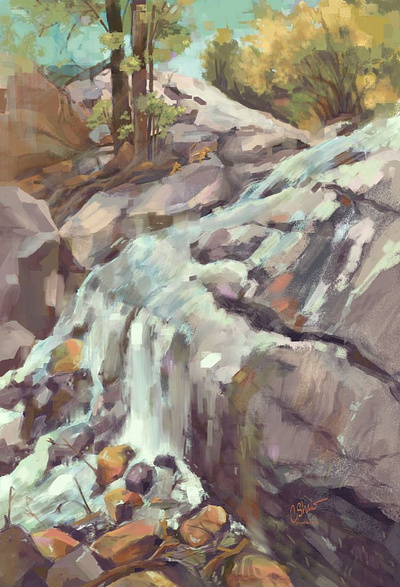 Chipmunk Trail Lookout adventure artpoppers boulders chipmunk colorado conceptart cyndishawdraws digitalpainting hiking landscape mountains outdoors river rocks trees waterfall wildlife