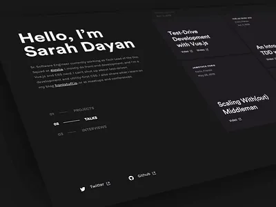 Developer Dark Grid Portfolio cards dark dark theme dark ui developer events grid parallax portfolio product design talks web