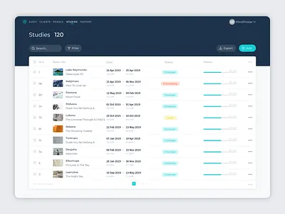 Studies List backoffice dashboard list table uiux web webdesign