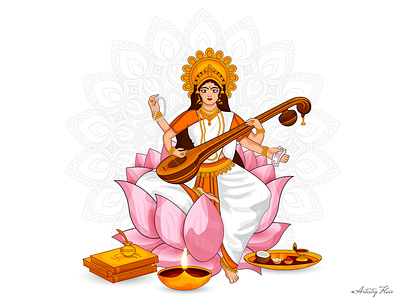 Vasant Panchami art basant panchami books character colorful design devi dribble goddess of wisdom happy illustration instrument knowledge learning maa saraswati music sketch vasant panchami vector veena