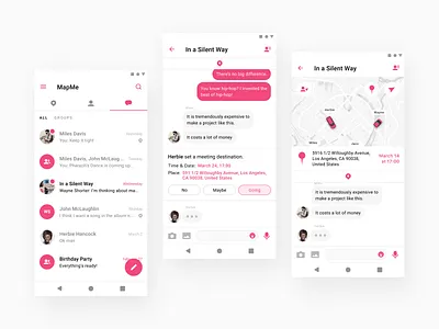 MapMe App for Android android app application chat contacts design filter flat group interface ios iphone map pink simple social ui uiux ux
