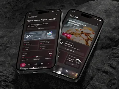 Qatar Airways - In-flight Entertainment - Home Screen - Mobile airways app camera clean dark mode dashboard design entertainment ife inflight minimal pairing plane qatar responsive saas ui ux view weather