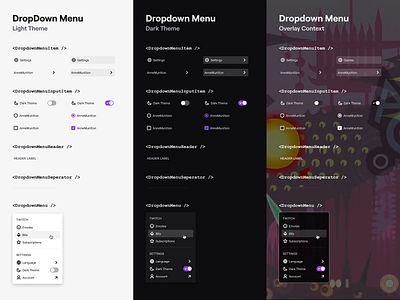 Twitch Dropdown Menu Pattern dark theme design system light theme menu pattern themes ui video player web