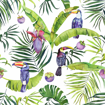 Watercolor toucans pattern, colorful and bright branding design fabric pattern hand drawn illustration painted pattern surface design tropical watercolor