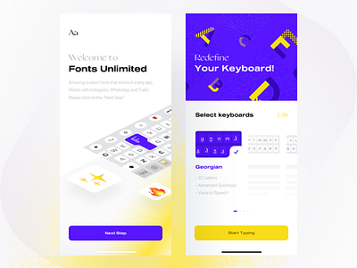 Fonts Unlimited — Splash Screen & Select Keyboards alphabet choose keyboard cool fonts fonts illustration keyboards letters purple yellow