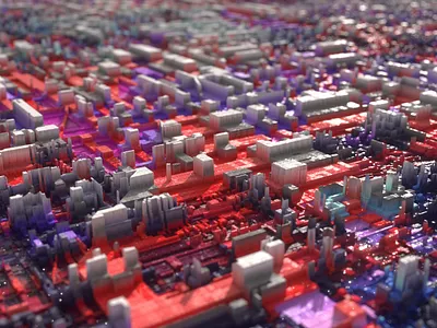 City on a Chip 3d abstract c4d cinema 4d city design displacement illustration octane purple red render skyline