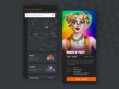 Explore Nearby Mobile App adobe xd birds of prey dark app dark map dark mode dark theme dark ui dashboard explore homepage illustraion interface design map minimal design mobile app movie movie app nearby ticket booking app ui