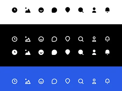 Icons on background of white, black and blue app chat clean clock darkmode dashboard design desktop details haveaniceday icon design iconset interface notifications rounded search ui user user inteface ux