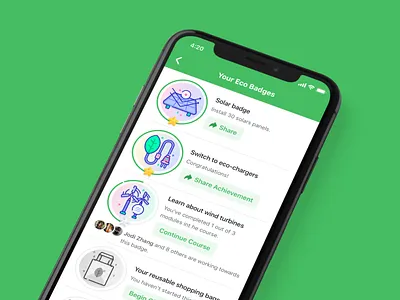 Mobile Badge Screen — Gamification Concept achievement award badge eco game gamification gamified green icon illustration ios iphone leaderboard leaderboards list minimal mobile reward sticker trophies
