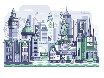 Stockholm, London, New York. banner big ben city city guide city hall cityscape concept flat design illustration landmarks landscape liberty statue line line art london new york travel